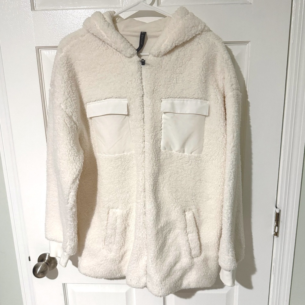 Gaiam Womens Cream Sherpa Fleece Full Zip Hooded Jacket Large Pockets Cozy